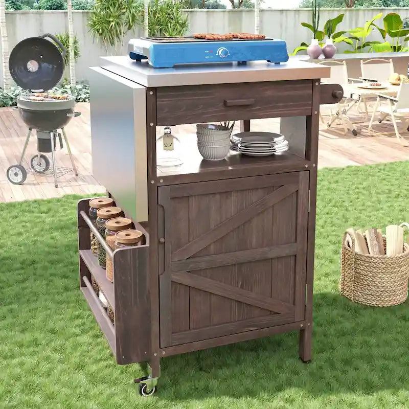 40.5 Outdoor Grill Cart with Stainless Steel Top, Rolling Buffet Serving Cart with Drop Leaf, Patio Kitchen Island Cart