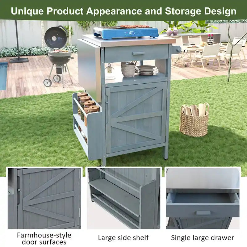 40.5 Outdoor Grill Cart with Stainless Steel Top, Rolling Buffet Serving Cart with Drop Leaf, Patio Kitchen Island Cart