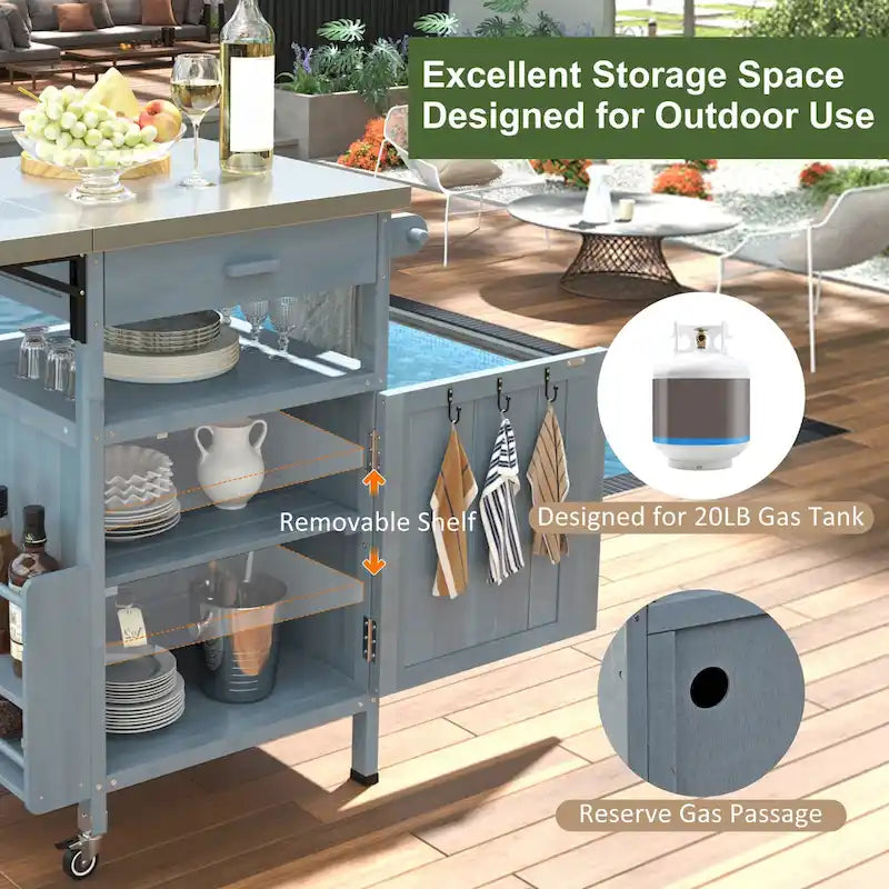 40.5 Outdoor Grill Cart with Stainless Steel Top, Rolling Buffet Serving Cart with Drop Leaf, Patio Kitchen Island Cart