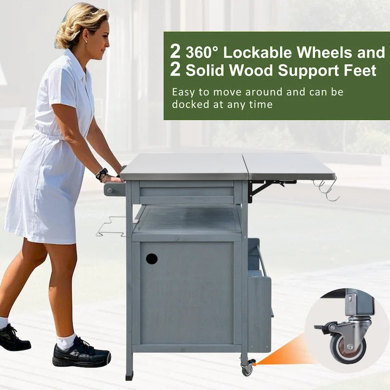 40.5 Outdoor Grill Cart with Stainless Steel Top, Rolling Buffet Serving Cart with Drop Leaf, Patio Kitchen Island Cart