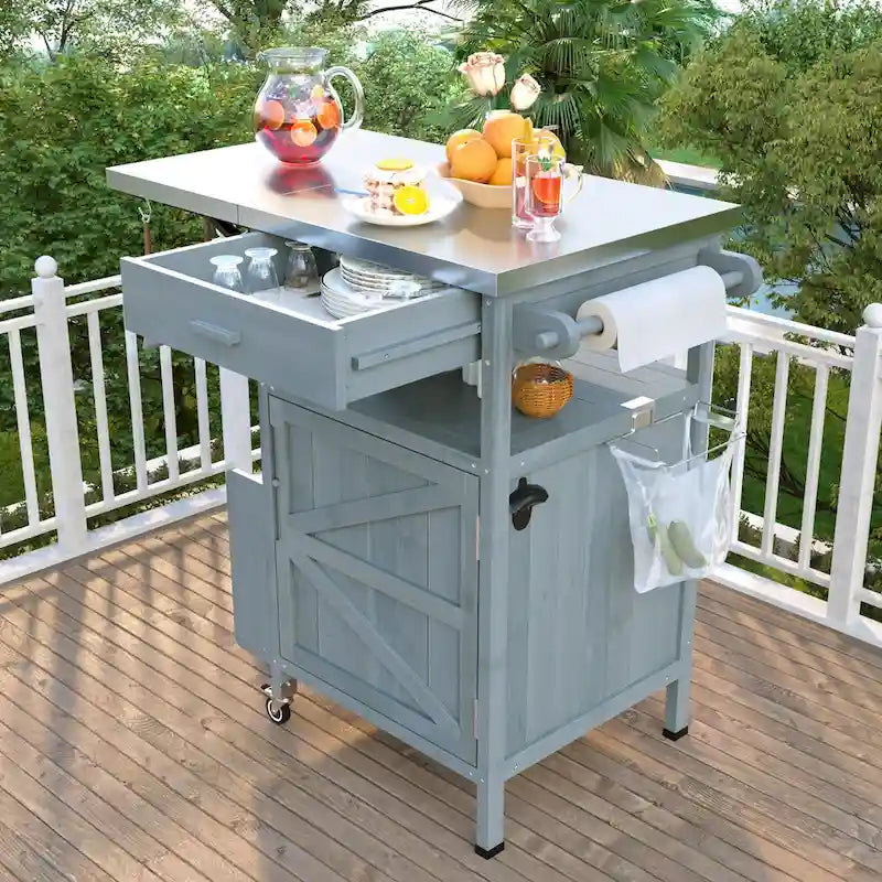 40.5 Outdoor Grill Cart with Stainless Steel Top, Rolling Buffet Serving Cart with Drop Leaf, Patio Kitchen Island Cart