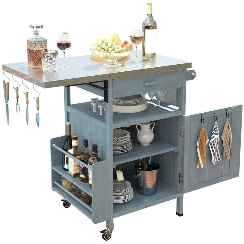 40.5 Outdoor Grill Cart with Stainless Steel Top, Rolling Buffet Serving Cart with Drop Leaf, Patio Kitchen Island Cart