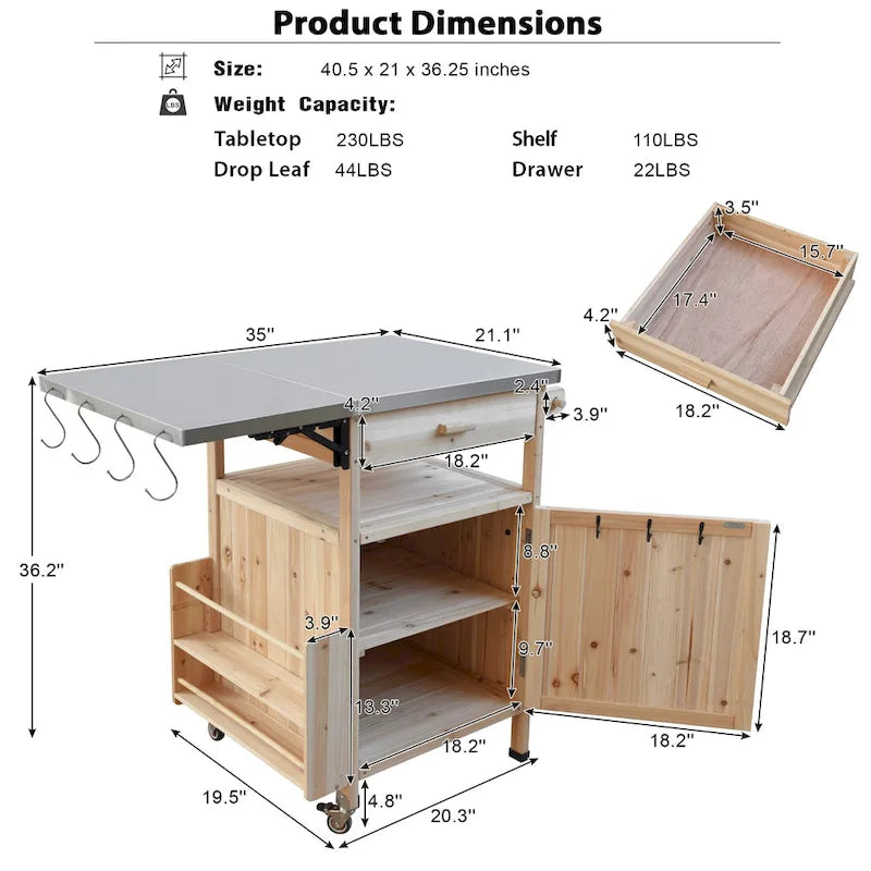 40.5 Outdoor Grill Cart with Stainless Steel Top, Rolling Buffet Serving Cart with Drop Leaf, Patio Kitchen Island Cart