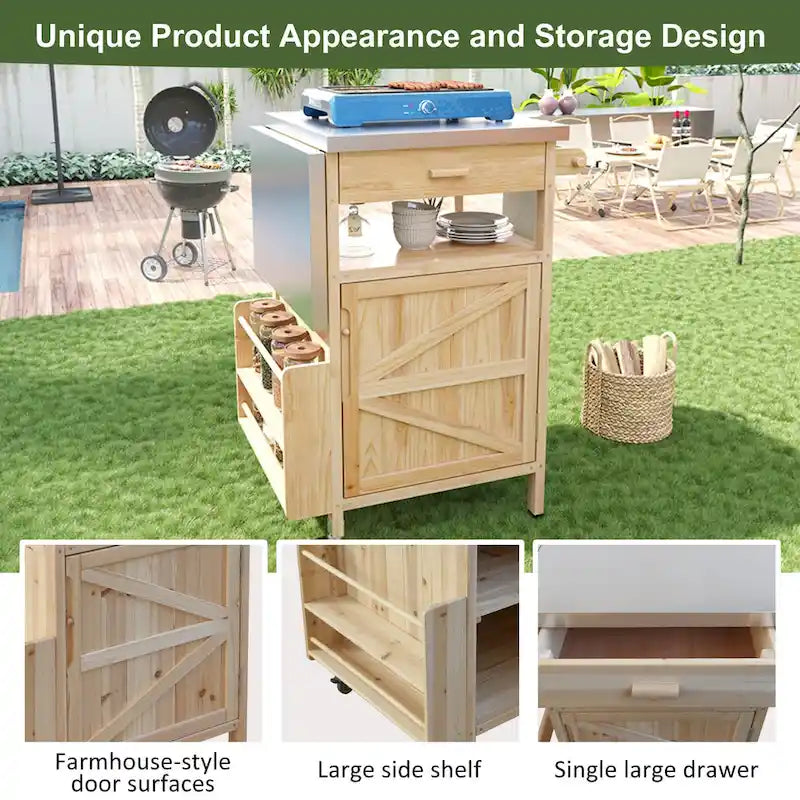 40.5 Outdoor Grill Cart with Stainless Steel Top, Rolling Buffet Serving Cart with Drop Leaf, Patio Kitchen Island Cart