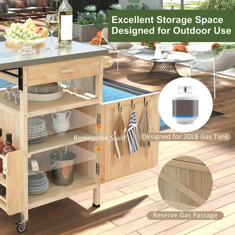 40.5 Outdoor Grill Cart with Stainless Steel Top, Rolling Buffet Serving Cart with Drop Leaf, Patio Kitchen Island Cart