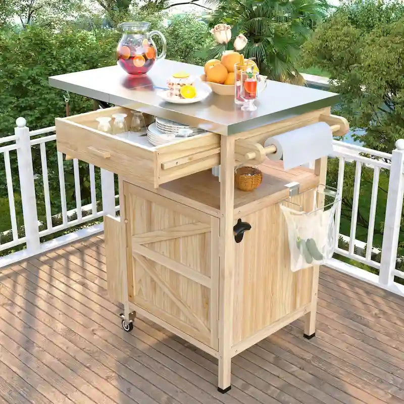 40.5 Outdoor Grill Cart with Stainless Steel Top, Rolling Buffet Serving Cart with Drop Leaf, Patio Kitchen Island Cart