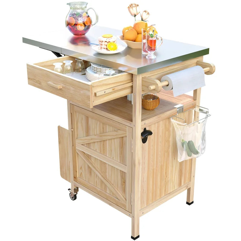 40.5 Outdoor Grill Cart with Stainless Steel Top, Rolling Buffet Serving Cart with Drop Leaf, Patio Kitchen Island Cart
