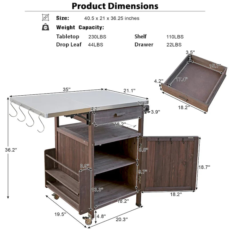 40.5 Outdoor Grill Cart with Stainless Steel Top, Rolling Buffet Serving Cart with Drop Leaf, Patio Kitchen Island Cart