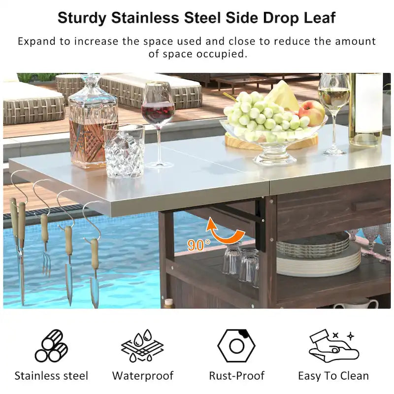 40.5 Outdoor Grill Cart with Stainless Steel Top, Rolling Buffet Serving Cart with Drop Leaf, Patio Kitchen Island Cart
