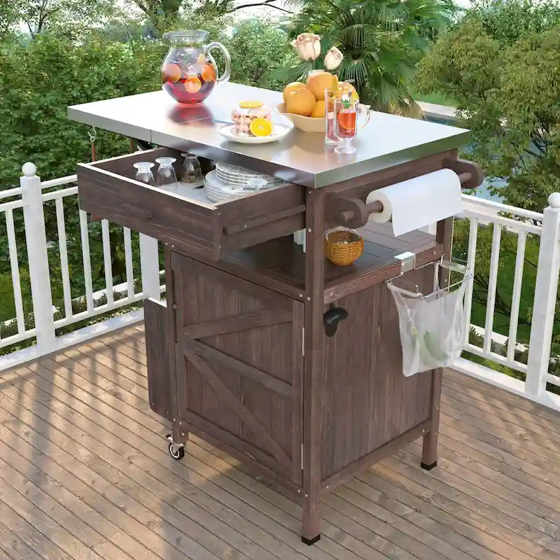40.5 Outdoor Grill Cart with Stainless Steel Top, Rolling Buffet Serving Cart with Drop Leaf, Patio Kitchen Island Cart