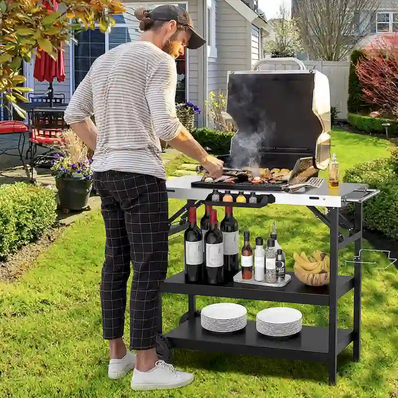 Gymax 3-Shelf Movable Grill Cart Table Home & Outdoor Multifunctional