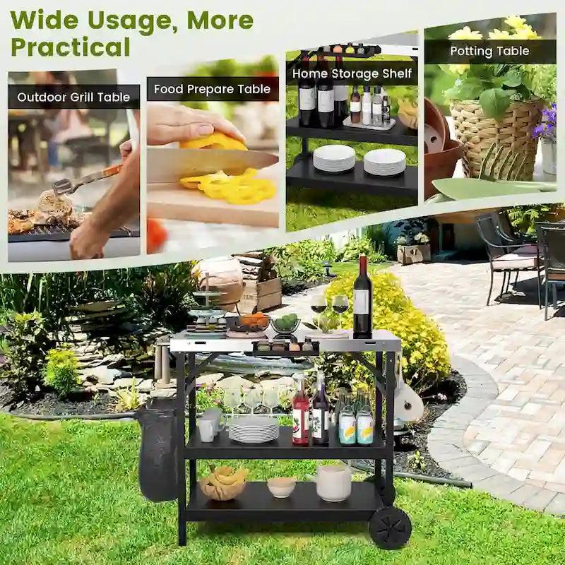 Gymax 3-Shelf Movable Grill Cart Table Home & Outdoor Multifunctional