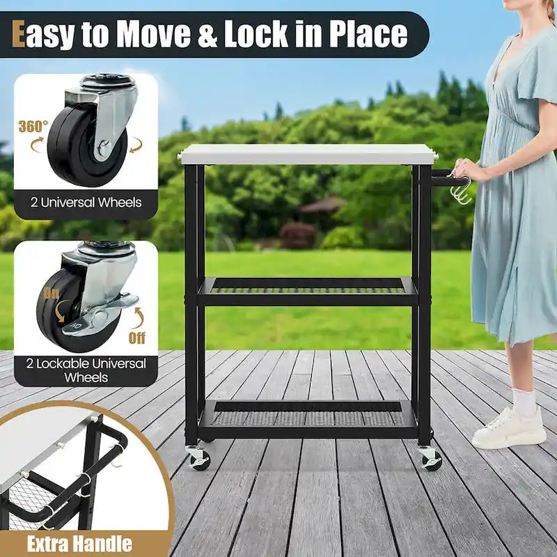 Gymax 3-tier Outdoor Grill Cart on Wheels w/ Stainless Steel Top &