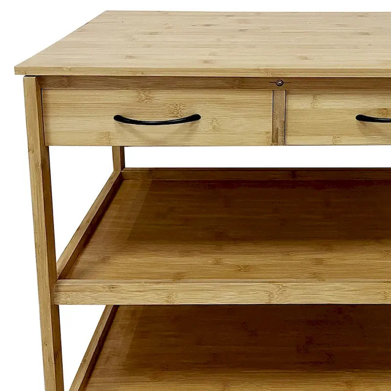 Walter Kitchen Bar Cart, 2 Drawers, 2 Shelves, Brown Bamboo, Rolling Wheels