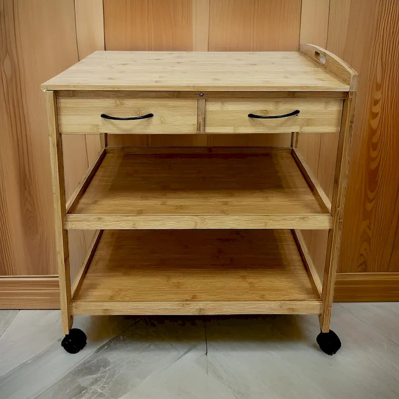 Walter Kitchen Bar Cart, 2 Drawers, 2 Shelves, Brown Bamboo, Rolling Wheels