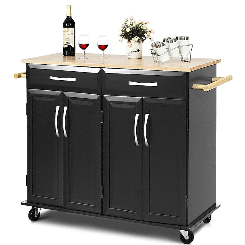 Costway Rolling Kitchen Trolley Island Black Cart Wood Top Storage