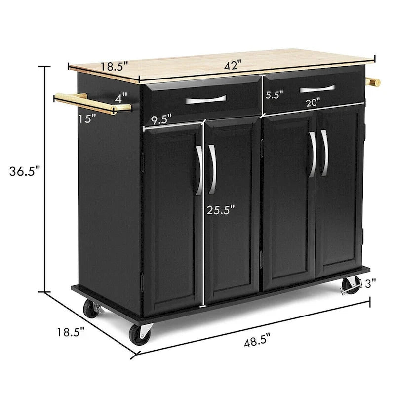 Costway Rolling Kitchen Trolley Island Black Cart Wood Top Storage