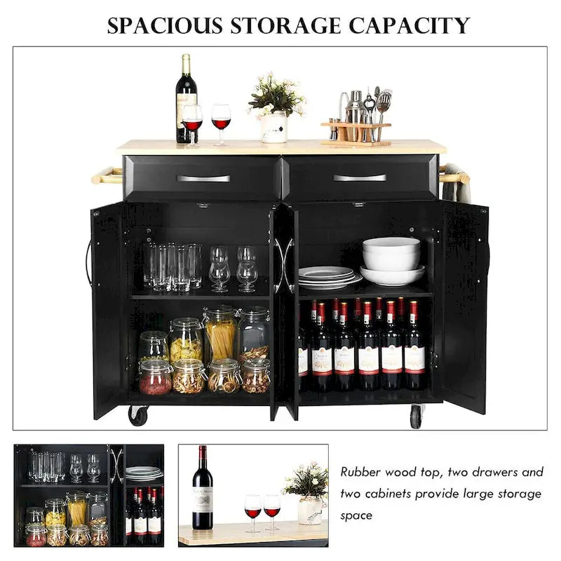 Costway Rolling Kitchen Trolley Island Black Cart Wood Top Storage