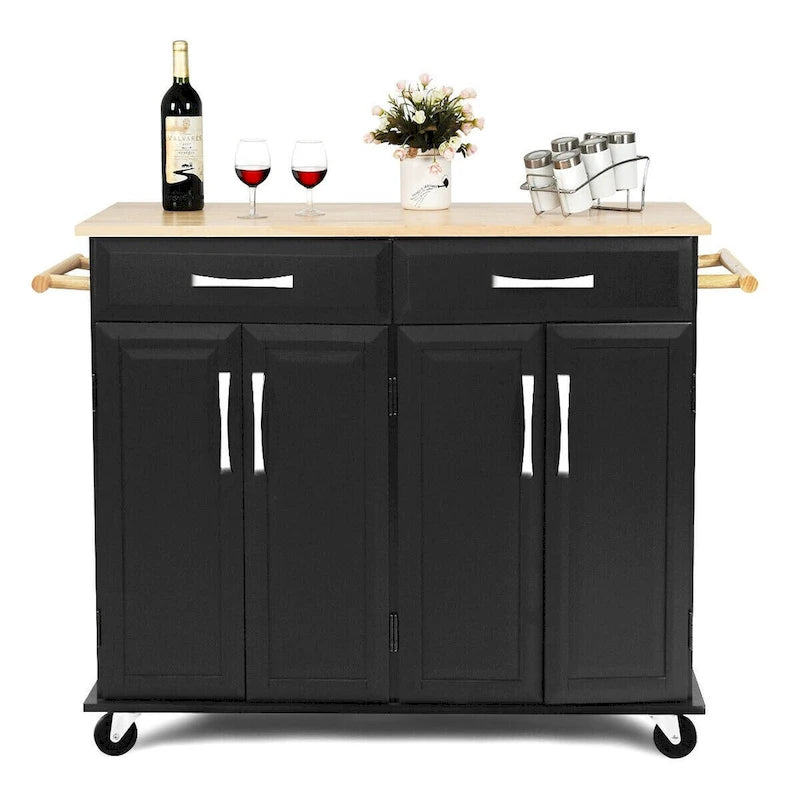 Costway Rolling Kitchen Trolley Island Black Cart Wood Top Storage