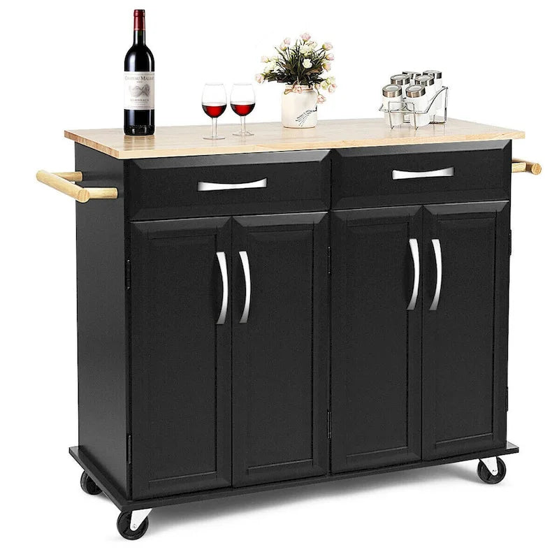 Costway Rolling Kitchen Trolley Island Black Cart Wood Top Storage