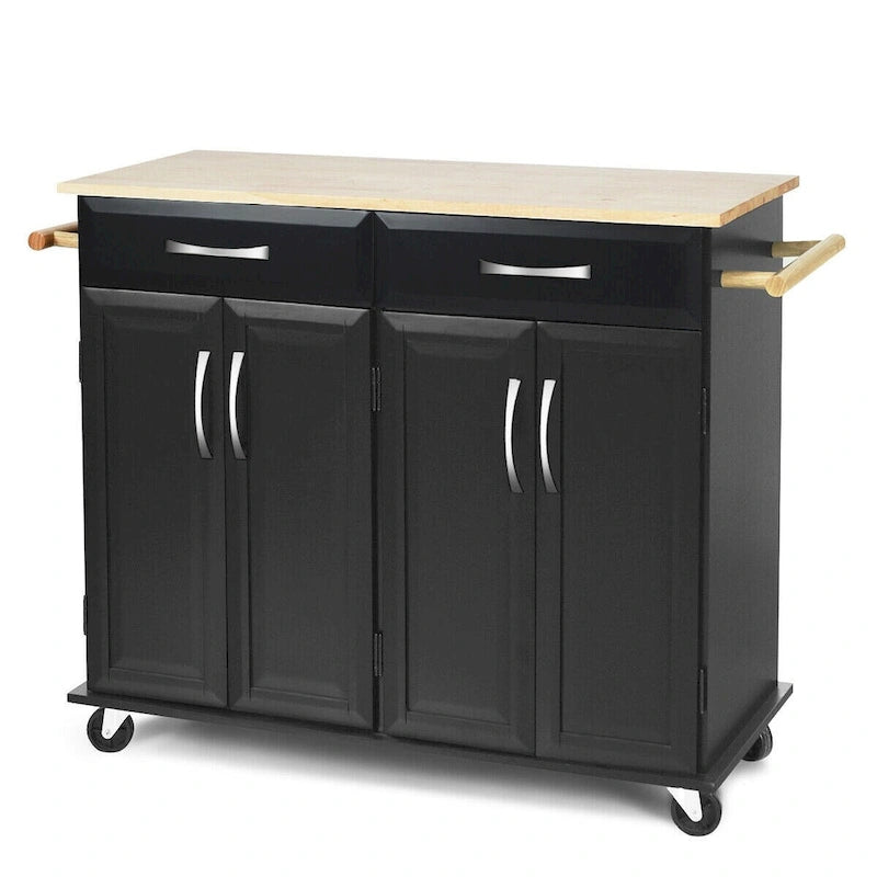 Costway Rolling Kitchen Trolley Island Black Cart Wood Top Storage