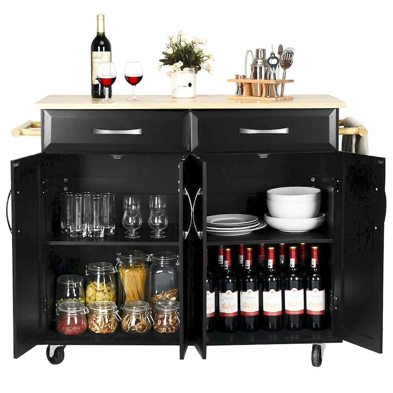 Costway Rolling Kitchen Trolley Island Black Cart Wood Top Storage