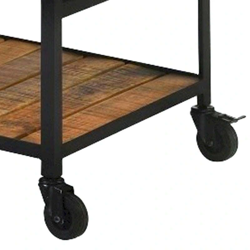 39 Inch Storage Cart, Lockable Caster Wheels, Wood Grain Details, Black