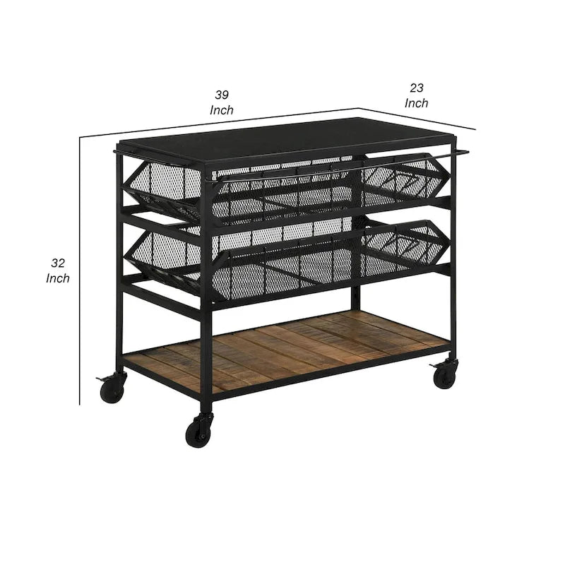 39 Inch Storage Cart, Lockable Caster Wheels, Wood Grain Details, Black