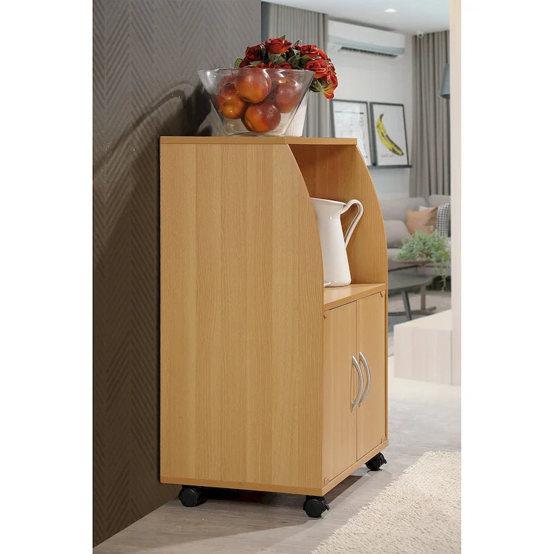 Hodedah Wooden Mini Wheeled Microwave Island Cart with Cabinet Storage, Beech - 33.07