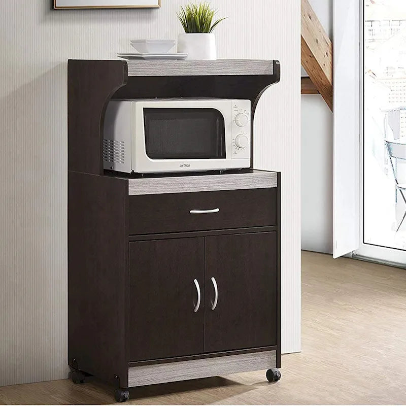Hodedah Wheeled Microwave Cart w Drawer and Cabinet Storage, Brown/Gry - 60
