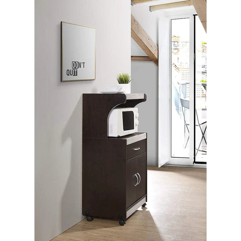 Hodedah Wheeled Microwave Cart w Drawer and Cabinet Storage, Brown/Gry - 60