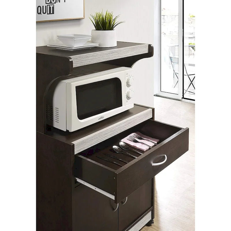 Hodedah Wheeled Microwave Cart w Drawer and Cabinet Storage, Brown/Gry - 60