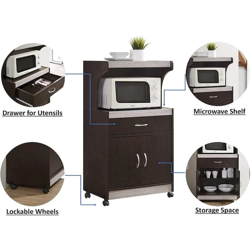Hodedah Wheeled Microwave Cart w Drawer and Cabinet Storage, Brown/Gry - 60