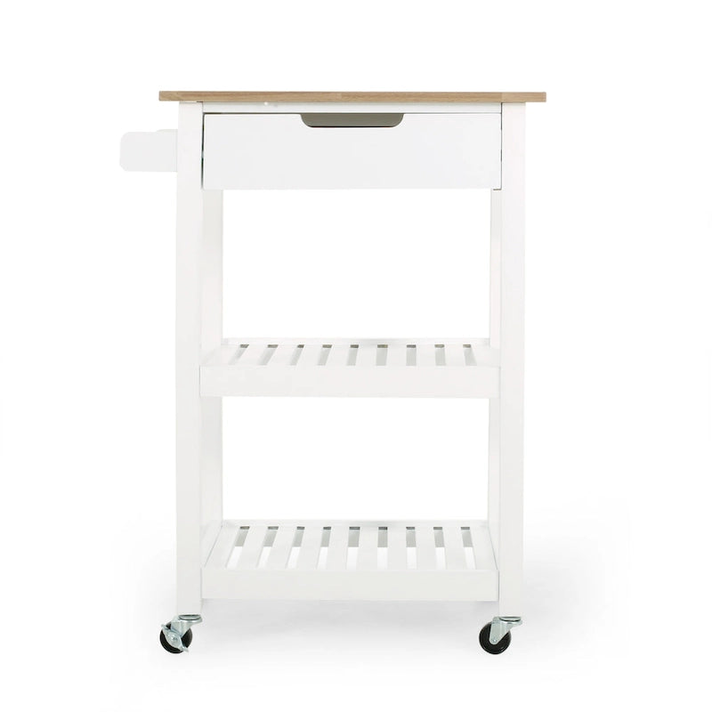 Contemporary Multifunctional Kitchen Cart with Rubberwood Top, Open Slat Shelving, Rolling Casters, Drawer and Towel Holder