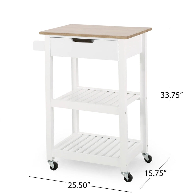 Contemporary Multifunctional Kitchen Cart with Rubberwood Top, Open Slat Shelving, Rolling Casters, Drawer and Towel Holder