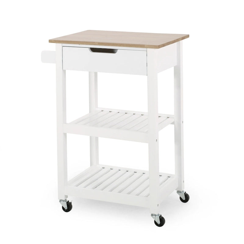 Contemporary Multifunctional Kitchen Cart with Rubberwood Top, Open Slat Shelving, Rolling Casters, Drawer and Towel Holder
