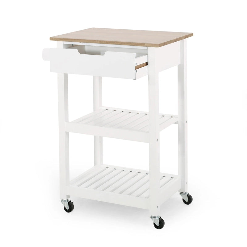 Contemporary Multifunctional Kitchen Cart with Rubberwood Top, Open Slat Shelving, Rolling Casters, Drawer and Towel Holder