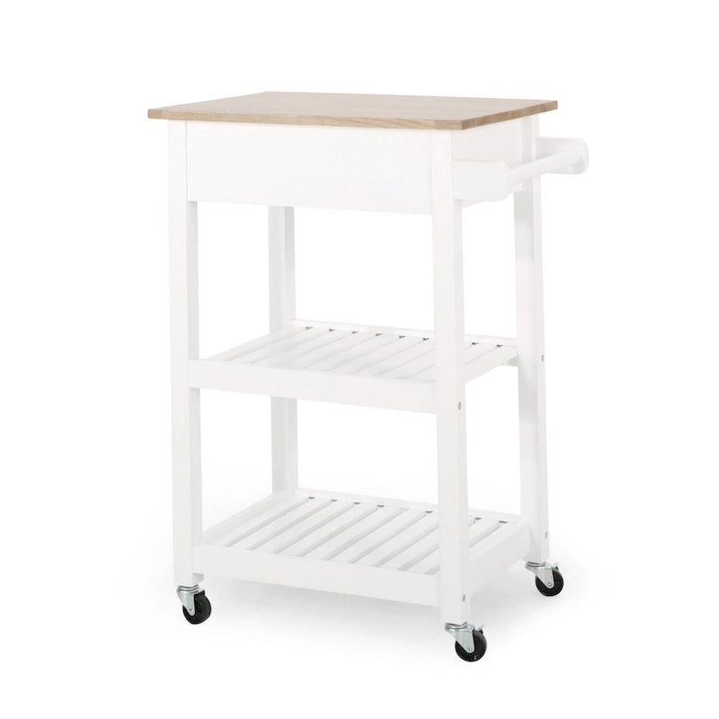 Contemporary Multifunctional Kitchen Cart with Rubberwood Top, Open Slat Shelving, Rolling Casters, Drawer and Towel Holder