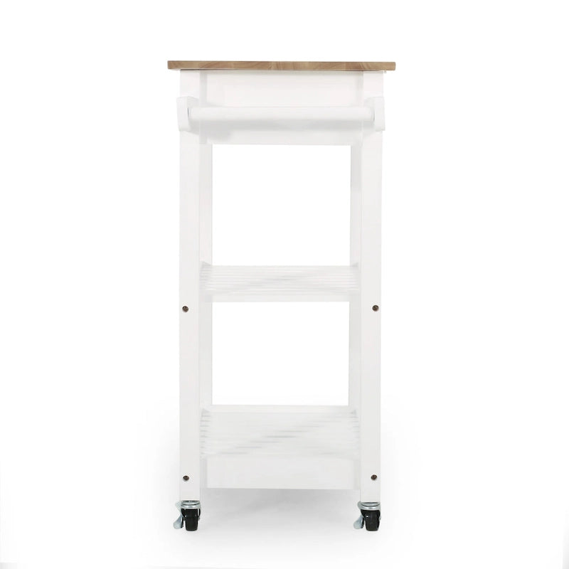 Contemporary Multifunctional Kitchen Cart with Rubberwood Top, Open Slat Shelving, Rolling Casters, Drawer and Towel Holder