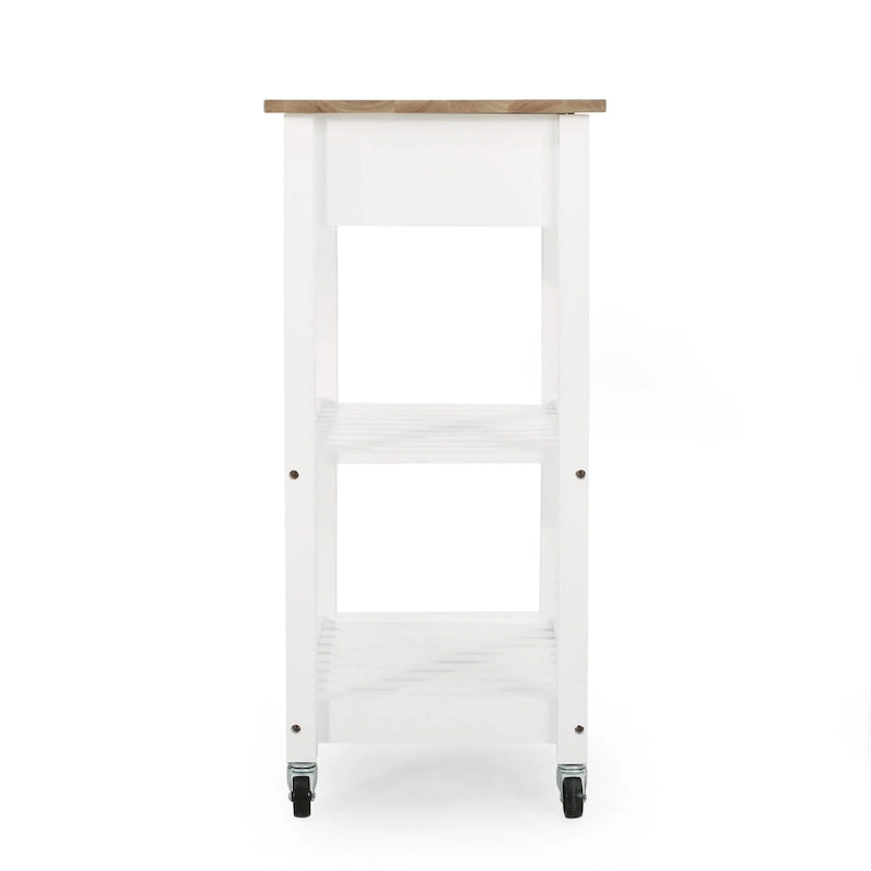 Contemporary Multifunctional Kitchen Cart with Rubberwood Top, Open Slat Shelving, Rolling Casters, Drawer and Towel Holder