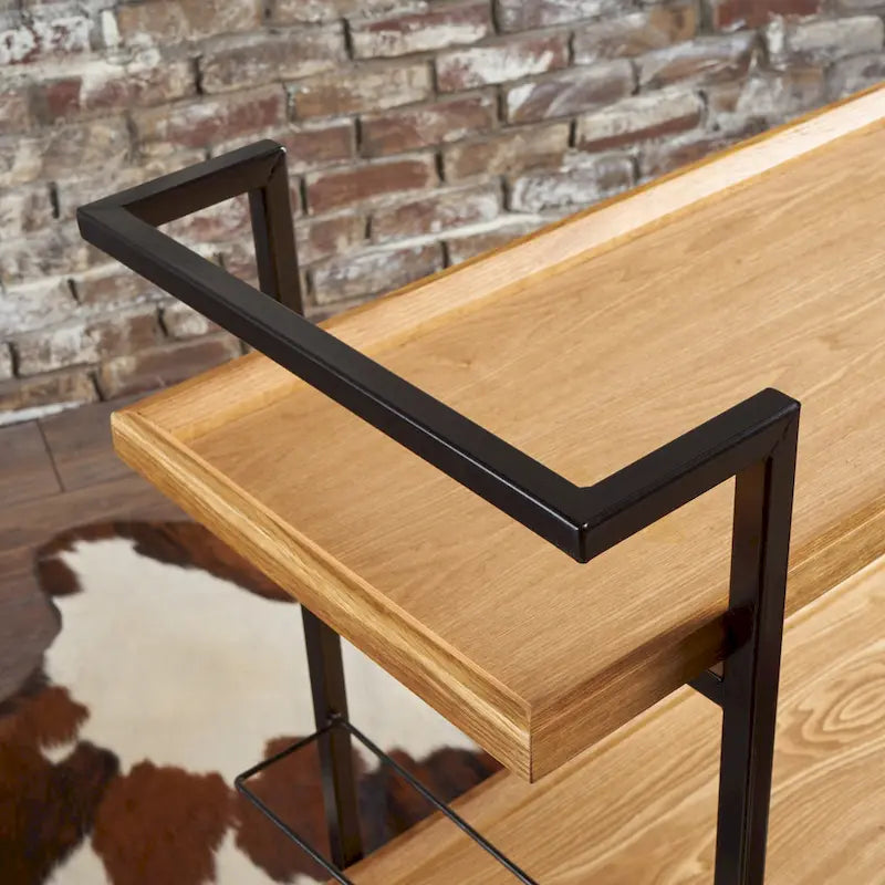 Rolling Bar Cart with Wood Look Shelving, Handle & Lockable Casters - Industrial Style Mobile Serving Cart with Wine Storage
