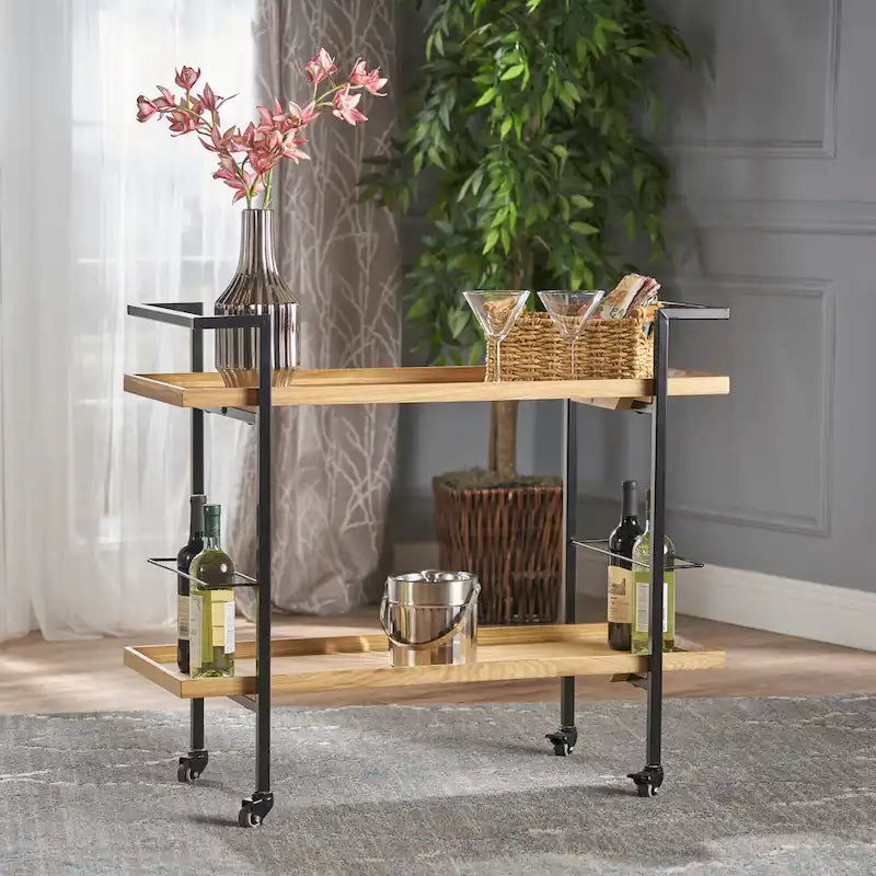 Rolling Bar Cart with Wood Look Shelving, Handle & Lockable Casters - Industrial Style Mobile Serving Cart with Wine Storage