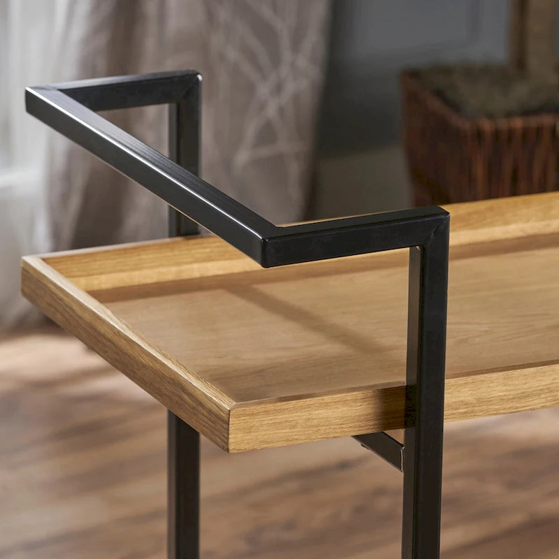 Rolling Bar Cart with Wood Look Shelving, Handle & Lockable Casters - Industrial Style Mobile Serving Cart with Wine Storage