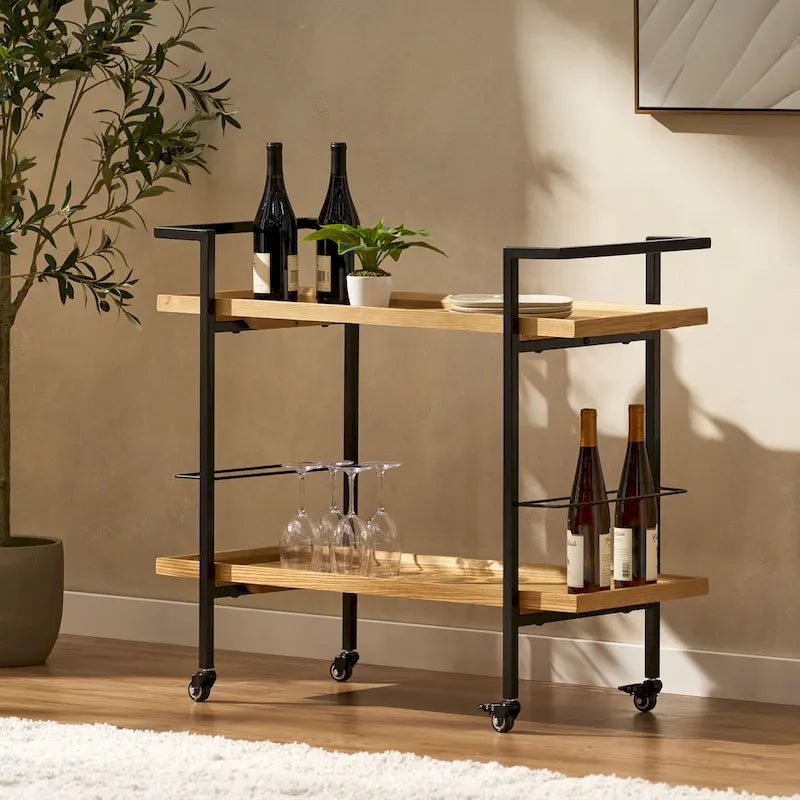 Rolling Bar Cart with Wood Look Shelving, Handle & Lockable Casters - Industrial Style Mobile Serving Cart with Wine Storage