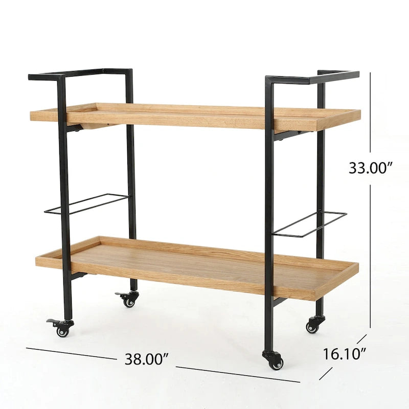 Rolling Bar Cart with Wood Look Shelving, Handle & Lockable Casters - Industrial Style Mobile Serving Cart with Wine Storage