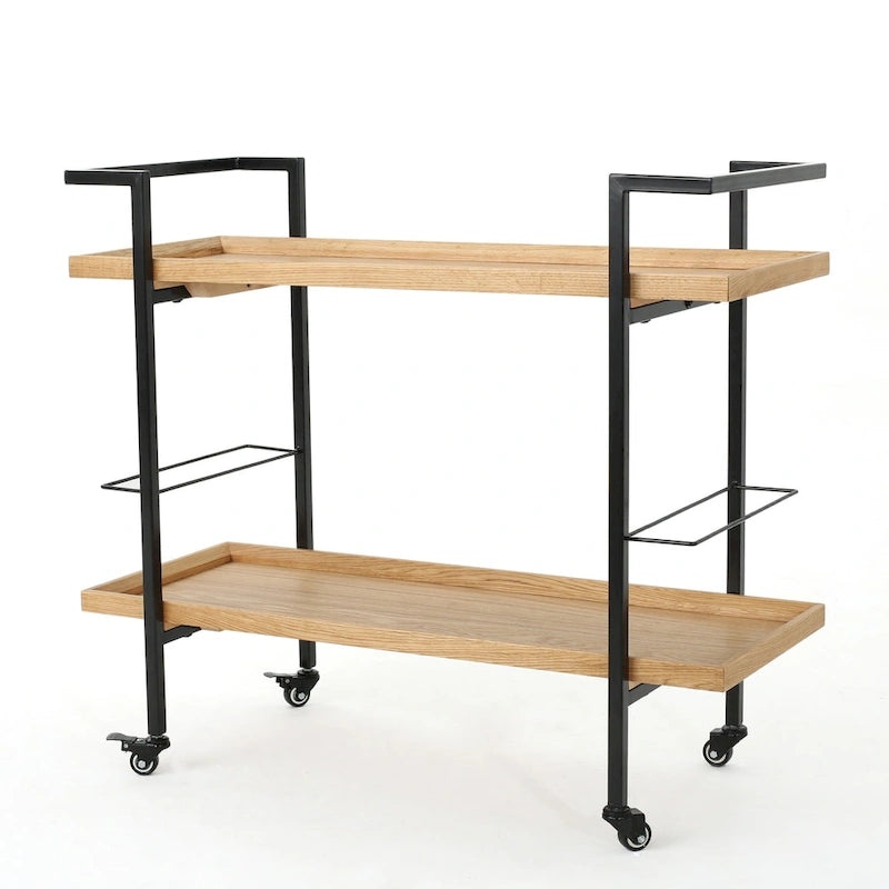 Rolling Bar Cart with Wood Look Shelving, Handle & Lockable Casters - Industrial Style Mobile Serving Cart with Wine Storage