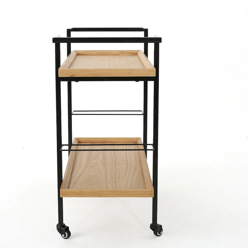 Rolling Bar Cart with Wood Look Shelving, Handle & Lockable Casters - Industrial Style Mobile Serving Cart with Wine Storage
