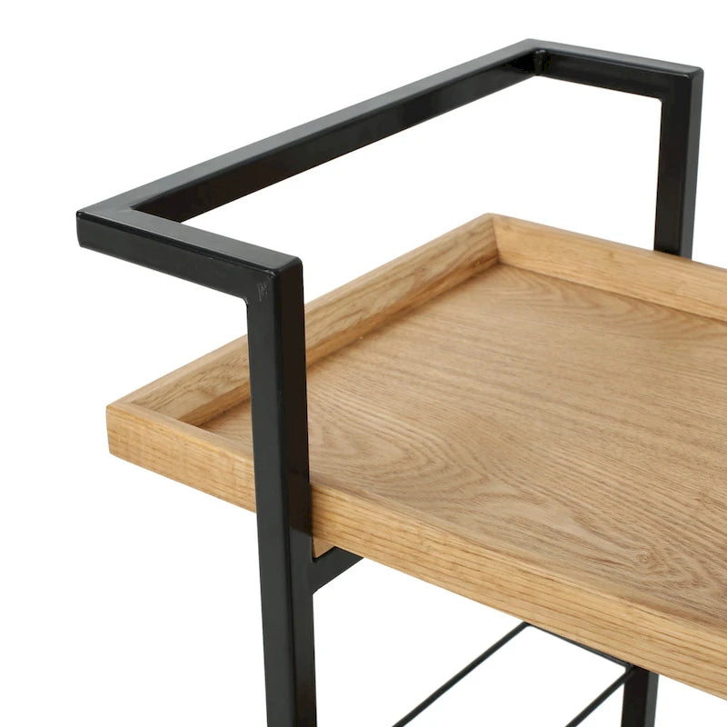 Rolling Bar Cart with Wood Look Shelving, Handle & Lockable Casters - Industrial Style Mobile Serving Cart with Wine Storage