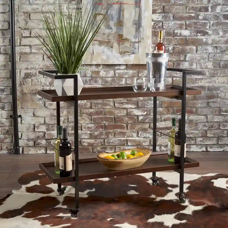 Rolling Bar Cart with Wood Look Shelving, Handle & Lockable Casters - Industrial Style Mobile Serving Cart with Wine Storage