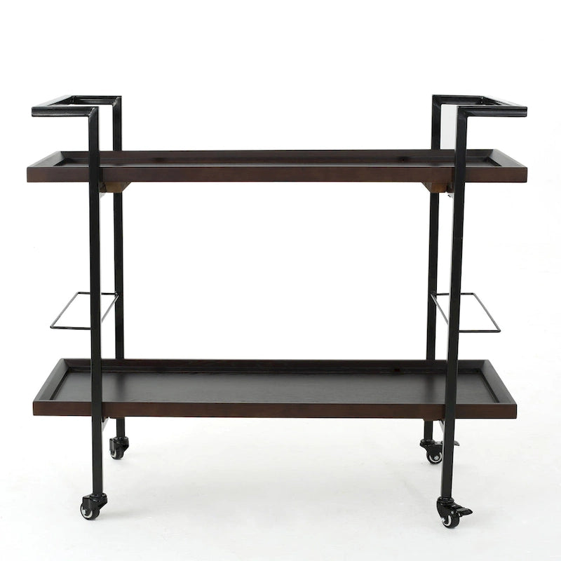 Rolling Bar Cart with Wood Look Shelving, Handle & Lockable Casters - Industrial Style Mobile Serving Cart with Wine Storage